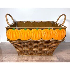 Handwoven Wicker Basket With Metal Pumpkin Accents & Handles
